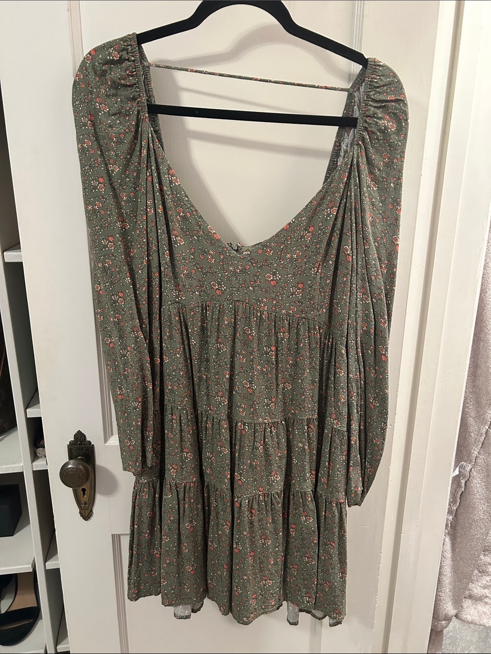 Tiered V-Neck Mini Dress in Olive Floral